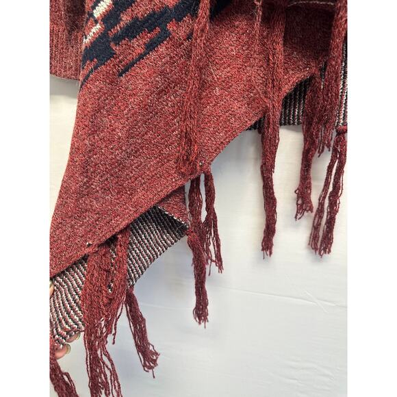 Boho Fringe Open Front Cardigan Sweater Maroon Aztec Shawl Collar Cozy - Picture 3 of 10